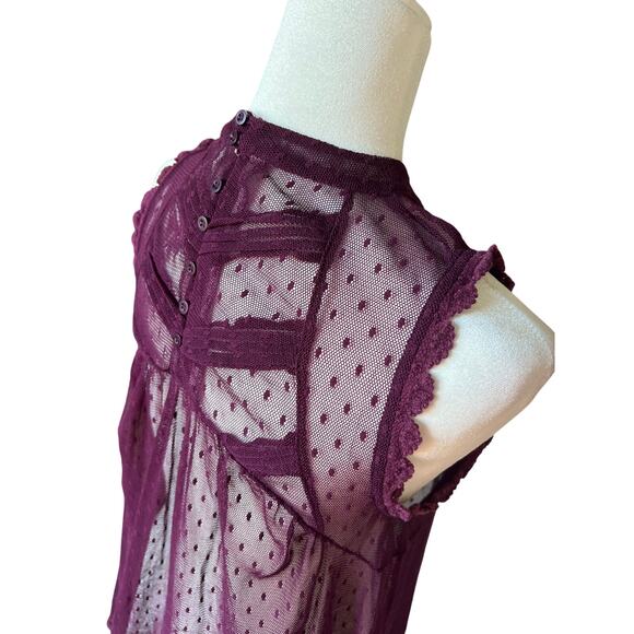Free People Fiona Plum Mesh Sheer Lace Top Women's Size S Boho Victorian Whimsy - Picture 3 of 9